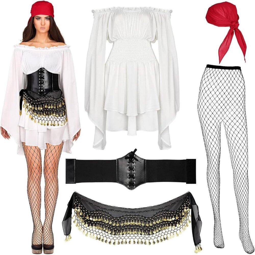 Women's Pirate Costume Accessories Set Off Shoulder Dress Corset Halloween